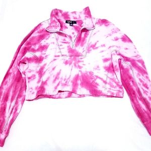 Cherry Red Tie Dye Zip Neck Cropped Sweatshirt.